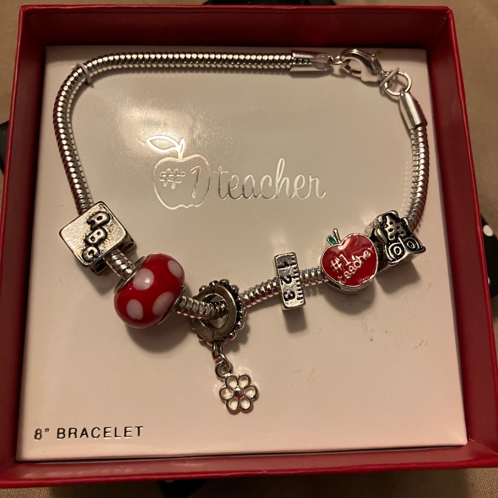 Silver and Red Teacher Charm Bracelet with Intricate Beads